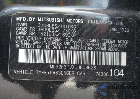 2020 Mitsubishi Mirage Es z USA, uszkodzony, nr VIN ML32F3FJXLHF08626